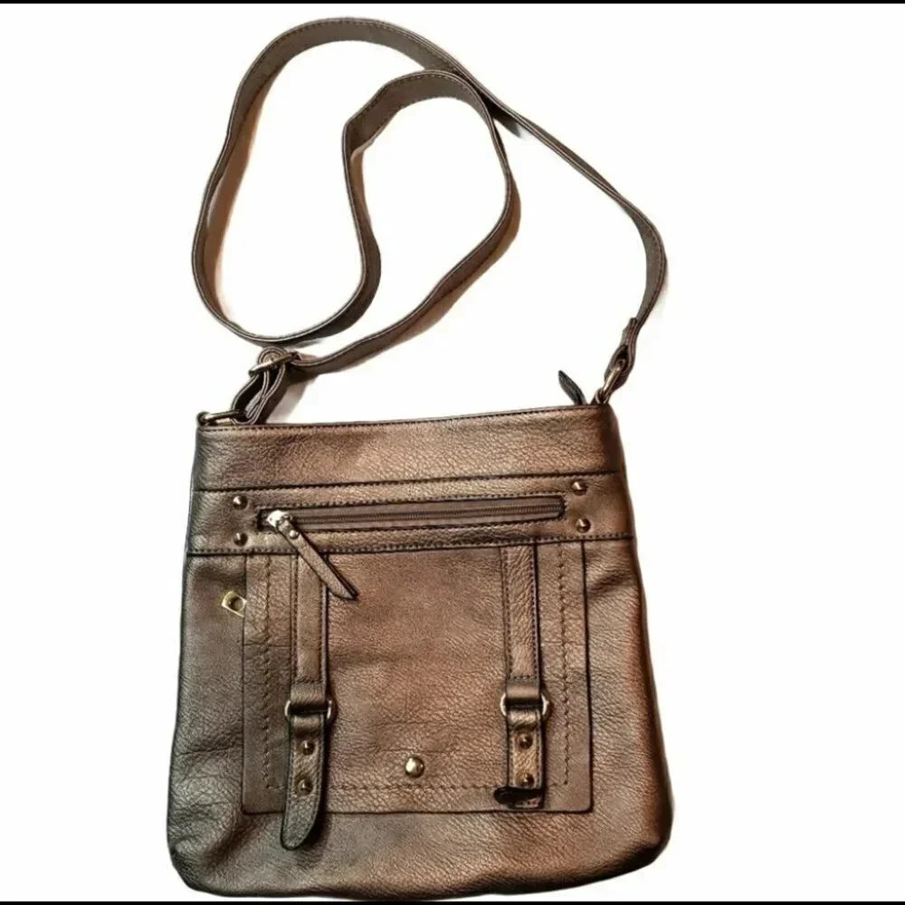 Pewter color faux leather crossbody‎ bag